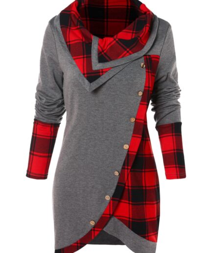 Dresslily Women Dresses Plaid Panel Cowl Neck Tulip Front T-shirt Clothing Online M Gray