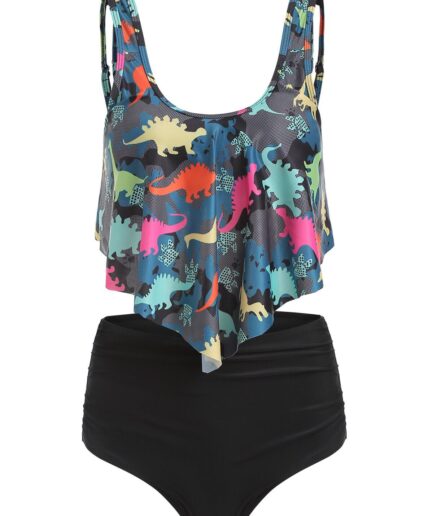 Dresslily Women Tummy Control Tankini Swimsuit Cartoon Dinosaur Print Swimwear Flounce Full Coverage Ruched Summer Beach Bathing Suit Swimsuit M Multi