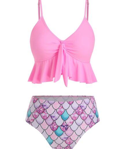 Dresslily Women Beach Tankini Swimsuit Mermaid Scale Print Swimwear Flounce Knot High Waist Tummy Control Bathing Suit Swimsuit L Pink