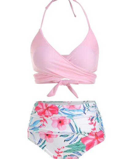 Dresslily Women Tummy Control Bikini Swimsuit Tropical Floral Print Swimwear Halter Wrap Vacation Bathing Suit Swimsuit L Pink