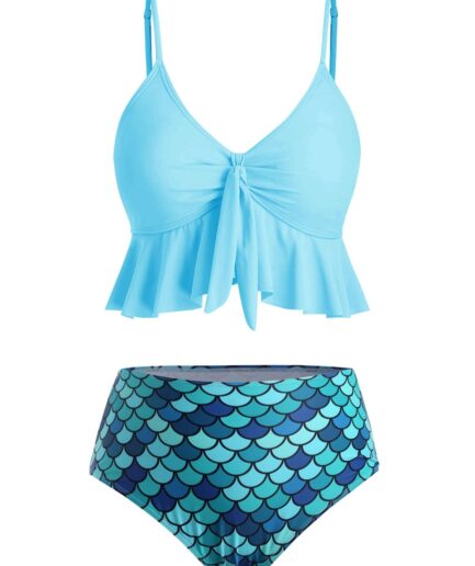 Dresslily Women Beach Tankini Swimsuit Mermaid Scale Print Swimwear Flounce Knot High Waist Tummy Control Bathing Suit Swimsuit L Blue zircon