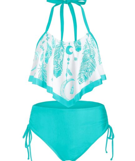 Dresslily Women Bohemian Tankini Swimsuit Feather Print Bathing Suit Flounce Overlay Cinched Halter Two Piece Swimwear Swimsuit L Medium turquoise