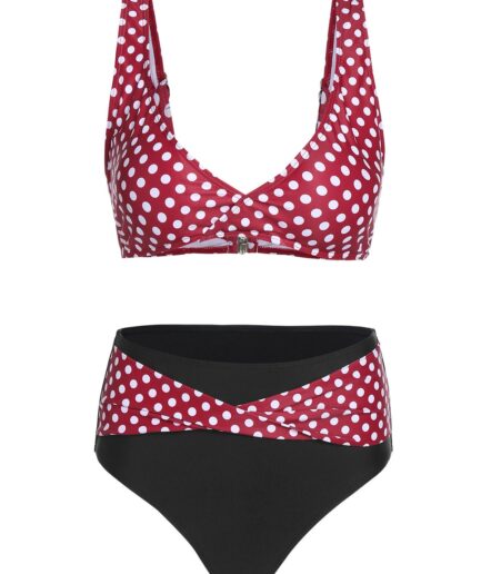 Dresslily Women Beach Bikini Swimsuit Polka Dot Print Bathing Suit Plunge High Waisted Tummy Control Bathing Suit Swimsuit L Multicolor a