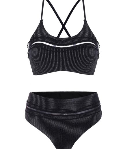 Dresslily Women Gothic Metallic Bikini Swimsuit Cheeky Crisscross Swimwear Set Swimsuit L Black