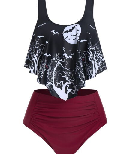 Dresslily Women Gothic Tankini Swimsuit Moon Night Bat High Waist Swimwear Ruched Two Piece Bathing Suit Swimsuit L Black