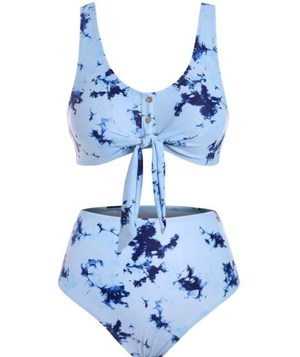 Dresslily Women Tie Dye Bikini Swimwear Tummy Control Swimsuit Mock Button Tied Front Beach Bathing Suit Swimsuit L Pastel blue