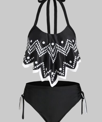 Dresslily Women Polka Dot Flounce Cinched High Waisted Bikini Swimsuit Swimsuit L Black