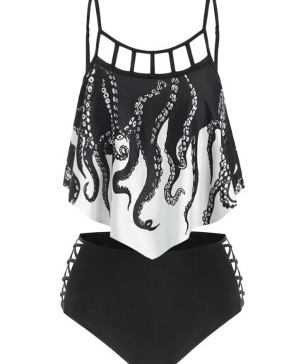 Dresslily Women Tummy Control Swimsuit Gothic Bathing Suit Octopus Print Cut Out Crisscross Summer Beach Tankini Swimwear Swimsuit M White