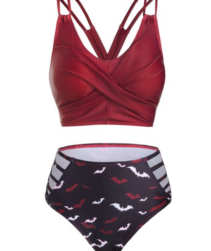 Dresslily Women Gothic Bikini Swimwear Bat Print High Waist Swimsuit Lace-up Crossover Cut Out Two Piece Bathing Suit Swimsuit M Red wine