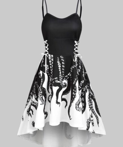 Women Summer Cute High Low Lace Up Octopus Print Mini Dress Clothing White