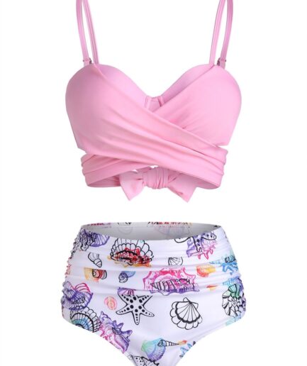 Dresslily Women Tummy Control Bikini Swimsuit Marine Life Swimwear Shell Crossover Tied Back Ruched Beach Bathing Suit Swimsuit M Light pink