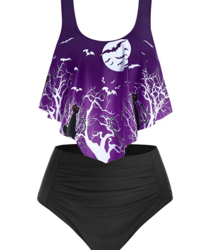 Dresslily Women Gothic Tankini Swimsuit Moon Night Bat High Waist Swimwear Ruched Two Piece Bathing Suit Swimsuit M Purple