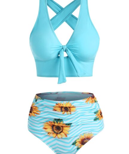 Dresslily Women Tummy Control Tankini Swimwear Sunflower Zig Zag Print Swimsuit Crisscross Cut Out Bowknot Tied Summer Beach Bathing Suit Swimsuit M A