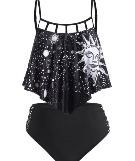 Dresslily Women Gothic Tankini Swimwear Astrology Sun Star Moon Print Swimsuit Flounce Lattice Beach Bathing Suit Swimsuit M Black