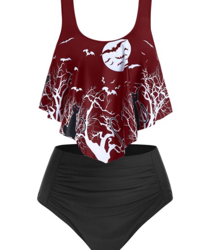 Dresslily Women Gothic Tankini Swimsuit Moon Night Bat High Waist Swimwear Ruched Two Piece Bathing Suit Swimsuit M Red wine