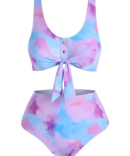 Dresslily Women Tie Dye Bikini Swimwear Tummy Control Swimsuit Mock Button Tied Front Beach Bathing Suit Swimsuit L Light blue