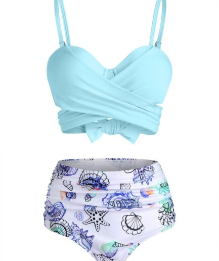 Dresslily Women Tummy Control Bikini Swimsuit Marine Life Swimwear Shell Crossover Tied Back Ruched Beach Bathing Suit Swimsuit M Light blue