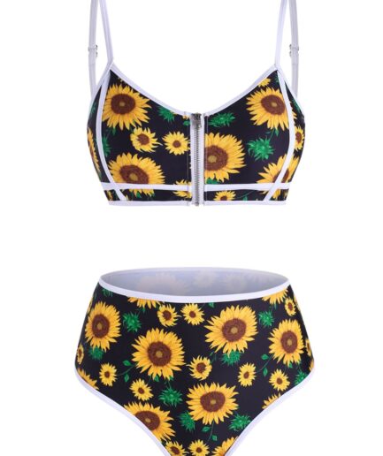 Dresslily Women Sunflower Vacation Swimsuit Zip Up Piping High Rise Bikini Swimwear Swimsuit L Black