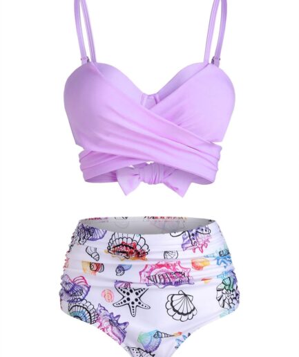 Dresslily Women Tummy Control Bikini Swimsuit Marine Life Swimwear Shell Crossover Tied Back Ruched Beach Bathing Suit Swimsuit M Light purple