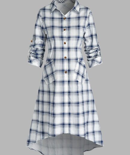 Women Plaid Print Double Pockets Long Shirt Clothing L White