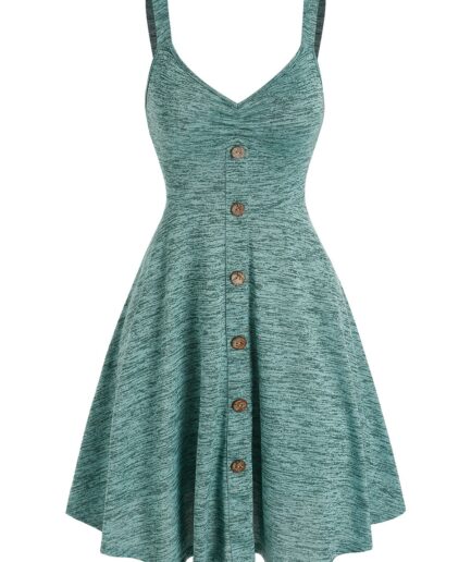 Dresslily Women Space Dye Print Mini Dress Mock Button Ruched Bust Casual Dress V Neck Sleeveless A Line Dress Clothing L Green