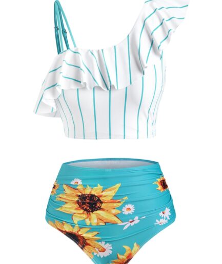 Dresslily Women Tummy Control Tankini Swimsuit Floral Swimwear Sunflower Flounce Striped Ruched Summer Beach Bathing Suit Swimsuit M Sea green