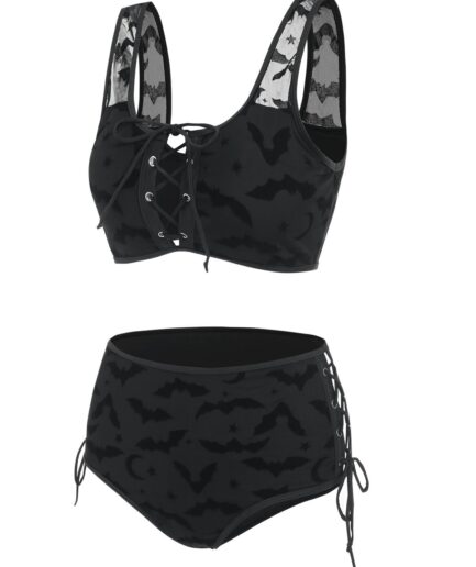 Dresslily Women Gothic Bikini Swimsuit Bat Crescent Star Print Bathing Suit Cinched Mesh Lace Up Cut Out Swimwear Swimsuit L Black