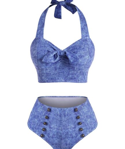 Dresslily Women Matching Swimsuit Knotted Sailor Style Denim Printed Halter Bikini Swimwear Swimsuit L Light blue