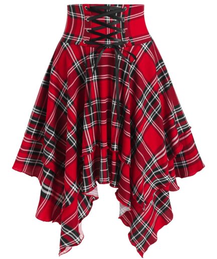 Women Plaid Print Lace-up Layered Handkerchief Skirt Clothing S Red