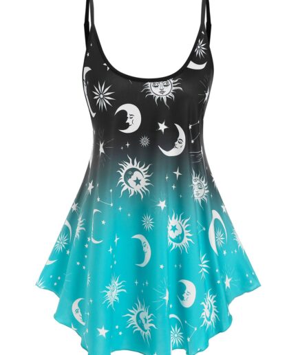 Dresslily Women Sun Moon Print Ombre Color Asymmetrical Hem Skirted Tent Cami Top Clothing S Light green
