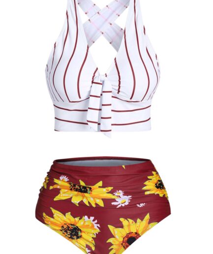 Dresslily Women Tummy Control Bikini Swimsuit Sunflower Striped Print Bathing Suit Knotted Cross Ruched Contrast Bathing Suit Swimsuit M Red