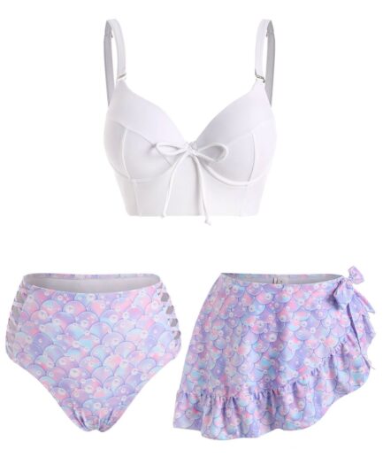 Dresslily Women Mermaid Vacay Swimwear Criss Cross Bowknot Underwire Push Up Asymmetrical Hem Skirt Three Piece Tankini Swimwear Swimsuit S White