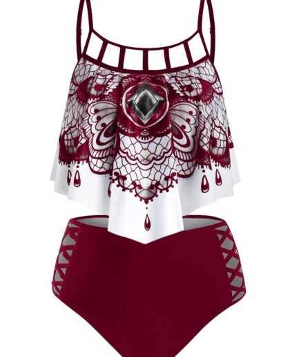 Dresslily Women Bohemian Swimsuit Abstract Butterfly Cutout Gothic Bathing Suit Tummy Control Tankini Swimwear Swimsuit L Deep red