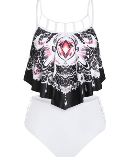 Dresslily Women Bohemian Swimsuit Abstract Butterfly Cutout Gothic Bathing Suit Tummy Control Tankini Swimwear Swimsuit L White