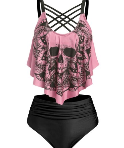 Dresslily Women Tummy Control Tankini Swimwear Gothic Swimsuit Skull Flower Print Crisscross Summer Beach Bathing Suit Swimsuit L Light pink