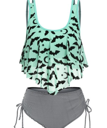 Dresslily Women Tummy Control Tankini Swimwear Gothic Swimsuit Stripe Bat Print Mesh Cinched Summer Beach Bathing Suit Swimsuit M Light green