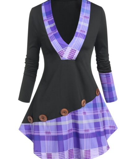 Dresslily Women Plunge Patchwork Plaid T-shirt Clothing L Black