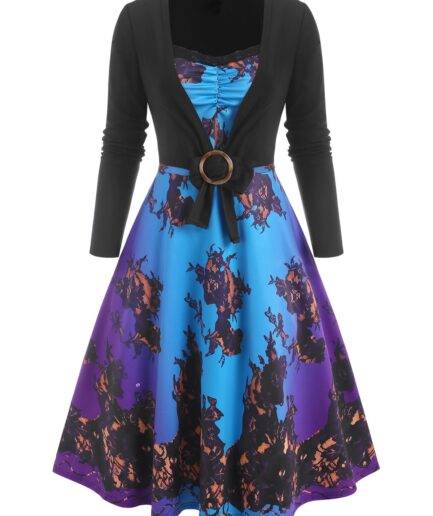 Women Lace Insert 3D Print Ombre Dress with O Ring T Shirt Clothing L Multicolor