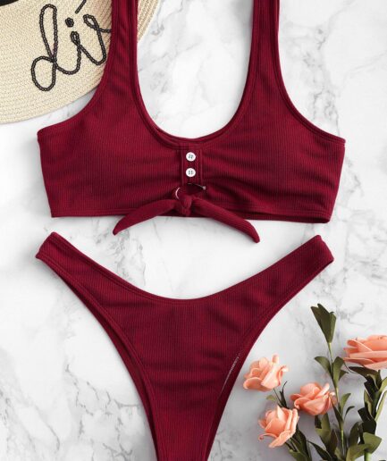 ZAFUL Ribbed Button Embellished Keyhole Bikini Set L Red wine