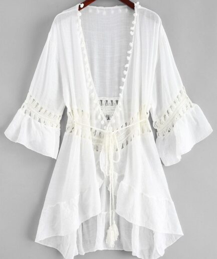 Pom-pom Crochet Panel Boho Cover Up Beach Dress White