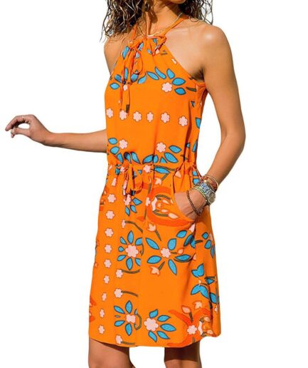 Vacation Floral Print Lace Up Drawstring Pockets Halter Cami Mini Dress L Dark orange