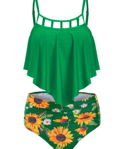 Dresslily Women Vacation Tankini Swimwear Tummy Control Swimsuit Sunflower Cut Out Ruched Beach Bathing Suit Swimsuit M Green