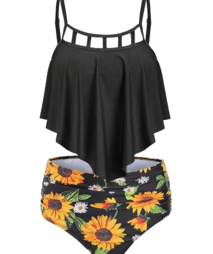 Dresslily Women Vacation Tankini Swimwear Tummy Control Swimsuit Sunflower Cut Out Ruched Beach Bathing Suit Swimsuit L Black