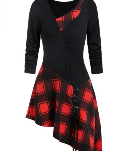 Dresslily Women Asymmetrical Skew Neck Ruched Lace Up Plaid T-shirt Clothing L Red