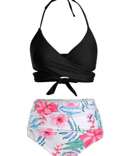 Dresslily Women Tummy Control Bikini Swimsuit Tropical Floral Print Swimwear Halter Wrap Vacation Bathing Suit Swimsuit L Black