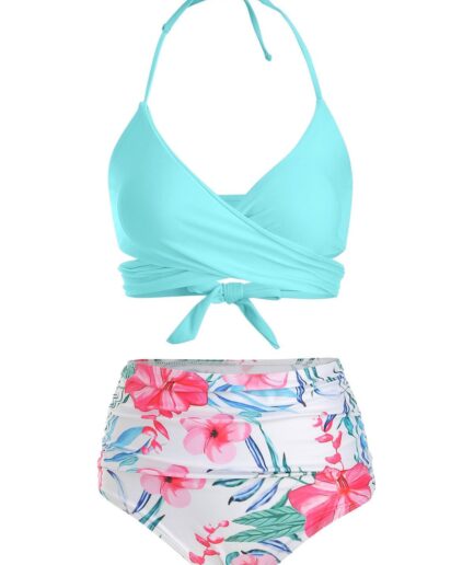 Dresslily Women Tummy Control Bikini Swimsuit Tropical Floral Print Swimwear Halter Wrap Vacation Bathing Suit Swimsuit M Day sky blue