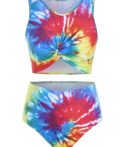 Dresslily Women Tummy Control Tankini Swimsuit Bright Swimwear Tie Dye Twisted Summer Beach Bathing Suit Swimsuit L Multicolor