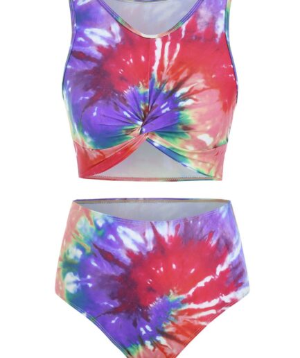 Dresslily Women Tummy Control Tankini Swimsuit Bright Swimwear Tie Dye Twisted Summer Beach Bathing Suit Swimsuit M Multicolor a