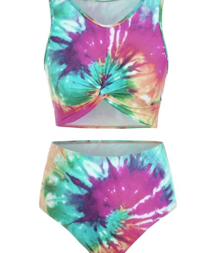 Dresslily Women Tummy Control Tankini Swimsuit Bright Swimwear Tie Dye Twisted Summer Beach Bathing Suit Swimsuit L Multicolor b