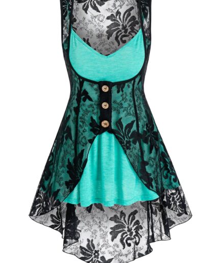 Dresslily Women Heathered Flare Skirted Cami Top and Mock Button Slit Flower Lace Vest Set Clothing S Light green